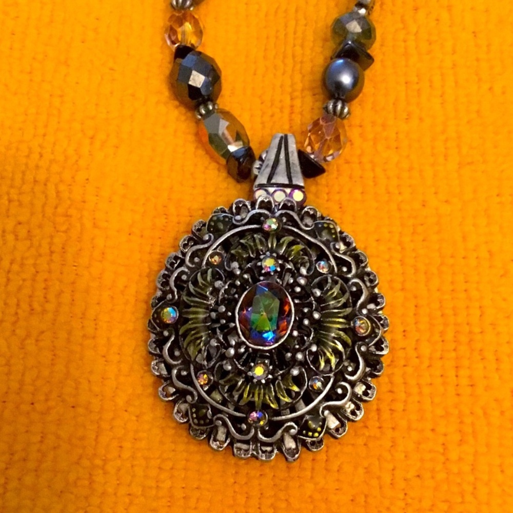 Chico’s Multi Color Glass & Pewter Beaded Necklace up to 19” With Pendant NWT